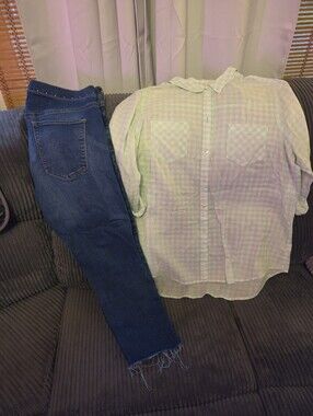 Light Green Gingham Button-Up Shirt With Gap Jeans